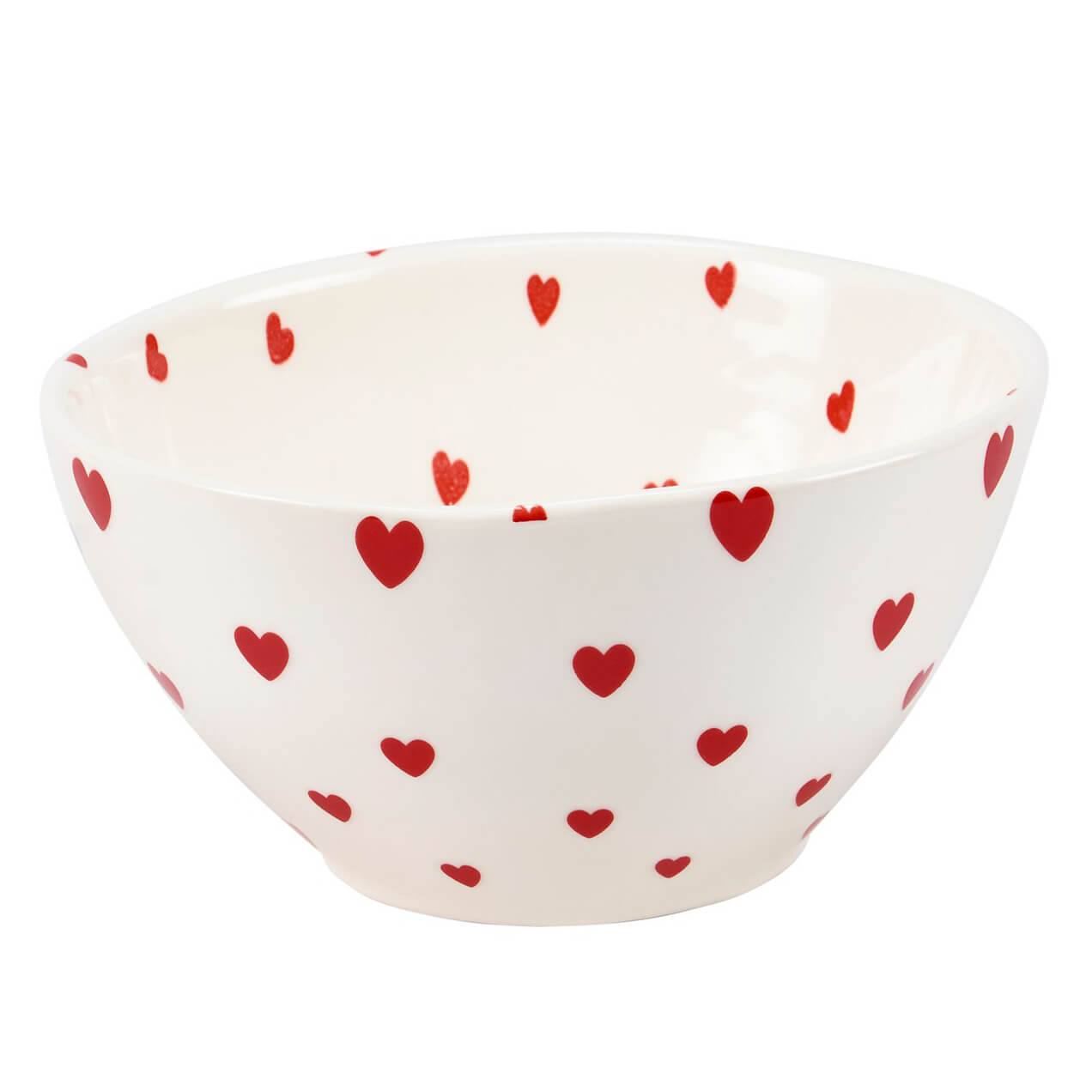 White ceramic bowl decorated with red heart patterns.
