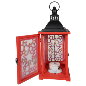 Red Lighted Wood & Metal Patriotic Lantern
