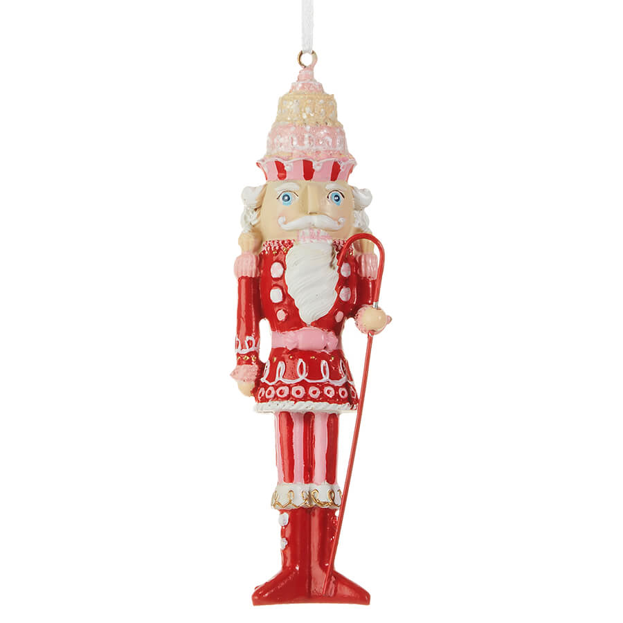 Red & Pink Cake Hat Nutcracker Holding Staff Ornament - Ornaments