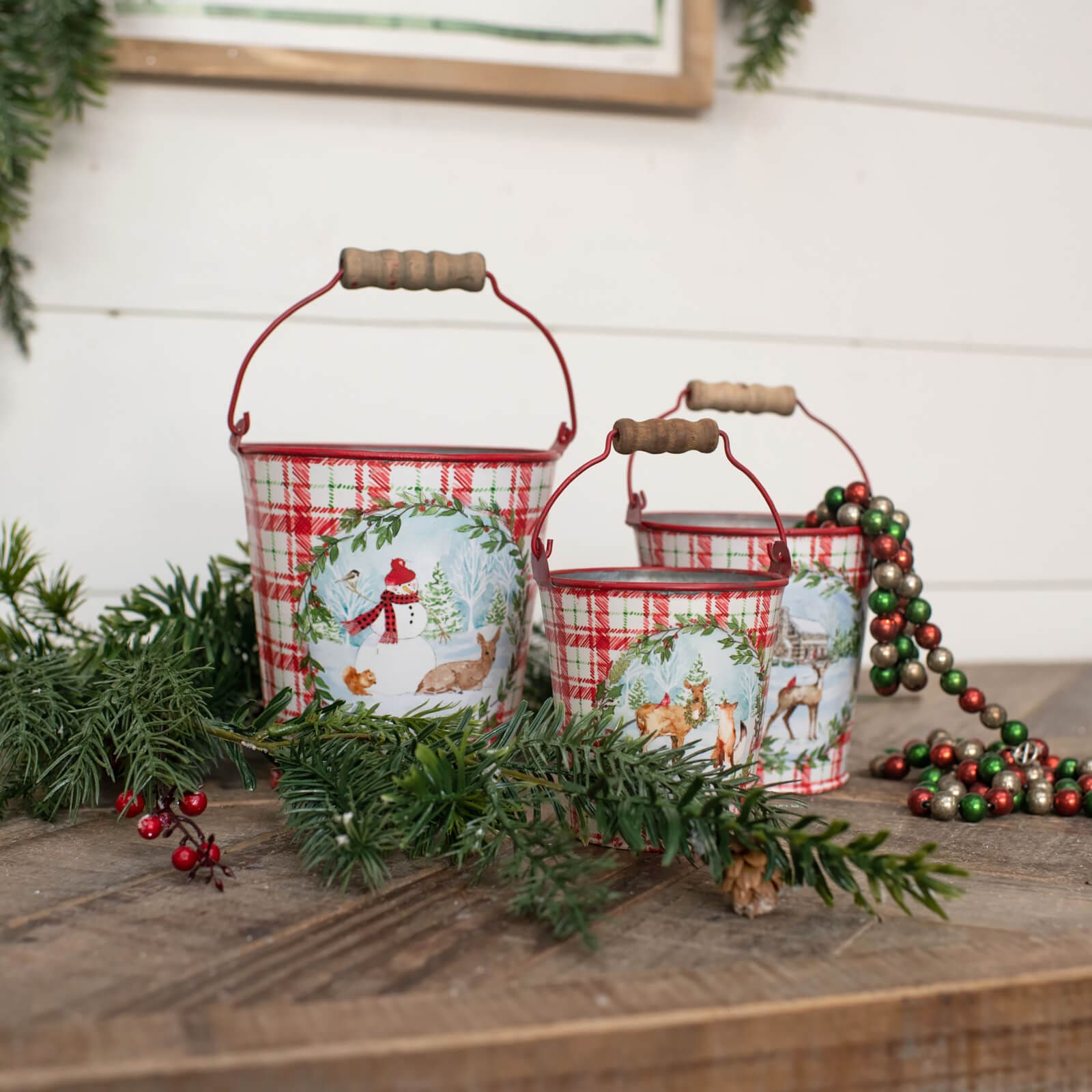 Red Plaid Buckets Set/3 - Christmas