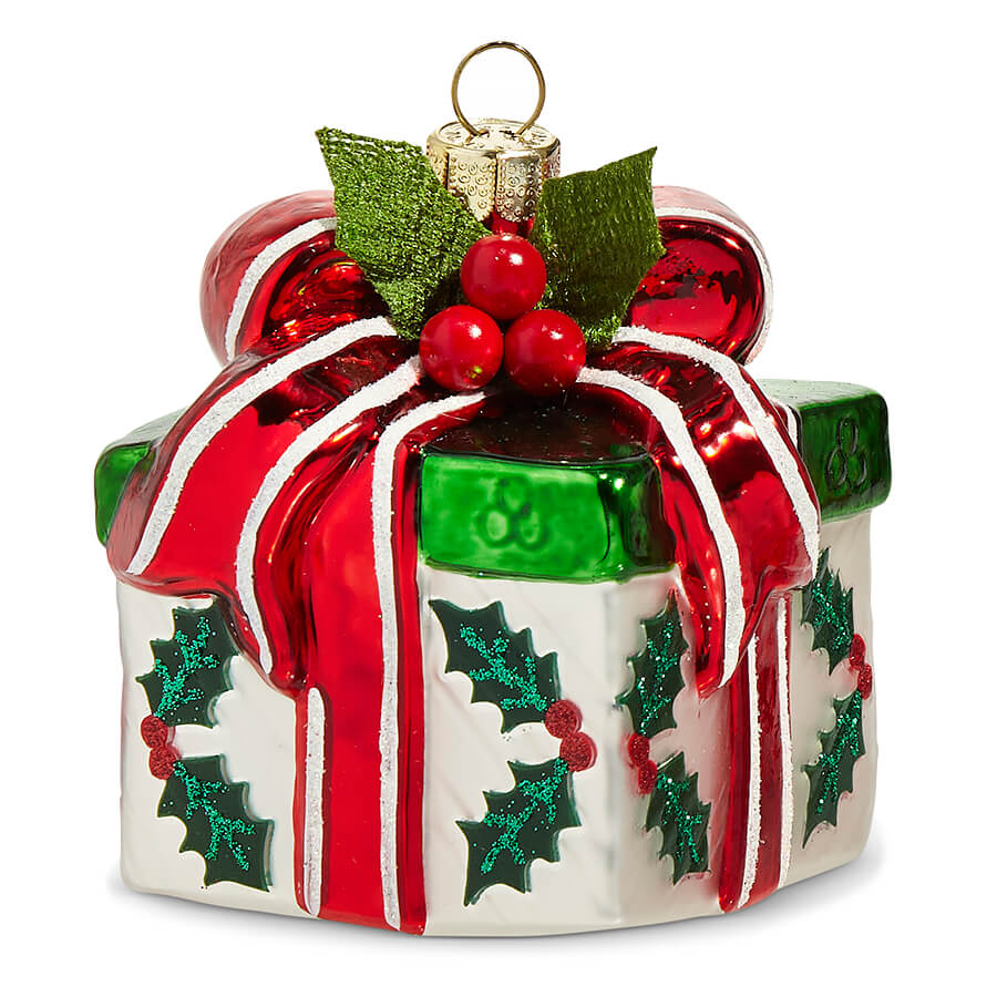 Red Ribbon Holly Gift Ornament - Ornaments