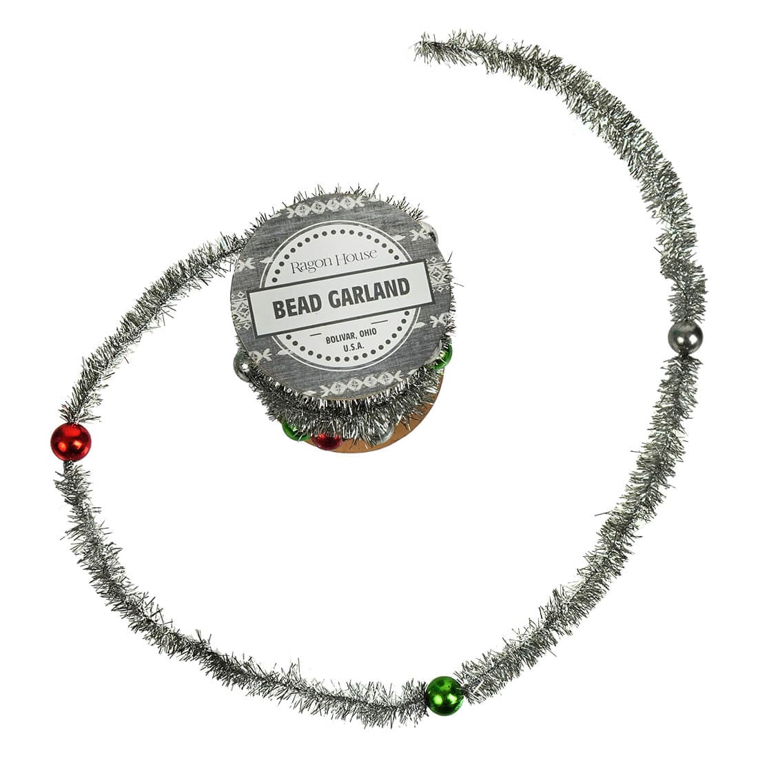 Red, Silver & Green Bead & Tinsel Garland Spool