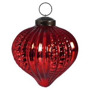 Red textured teardrop glass kugel ornament with vintage style perfect for traditional christmas decor