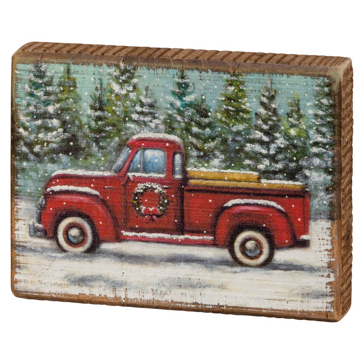 Vintage-style painting of a red pickup truck with a Christmas wreath in a snowy pine forest scene.