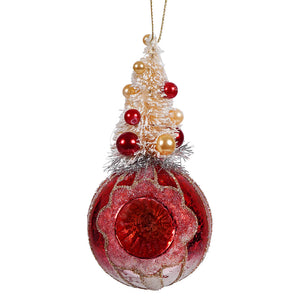 Red vintage reflector ornament featuring red glass with a frosted base and a miniature tree with red and gold beads