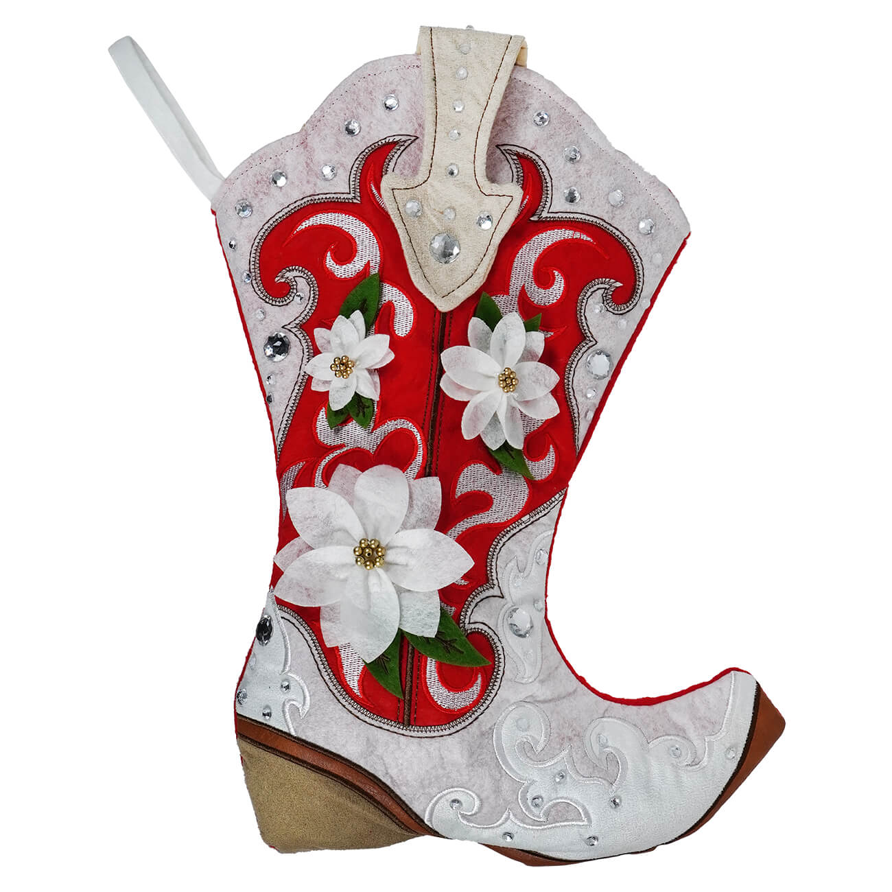 Red and white cowgirl boot stocking in bold candy-apple red with rhinestones embroidered floral patterns and pull tab