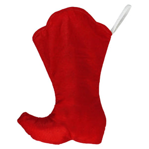 Red and white cowgirl boot stocking in bold candy-apple red suede with white loop for hanging at christmas