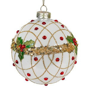 Red White & Gold Holly Glass Ball Ornament - Ornaments