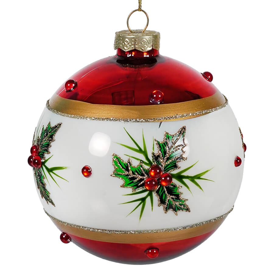 Red & White With Holly Ball Glass Ornament - Ornaments