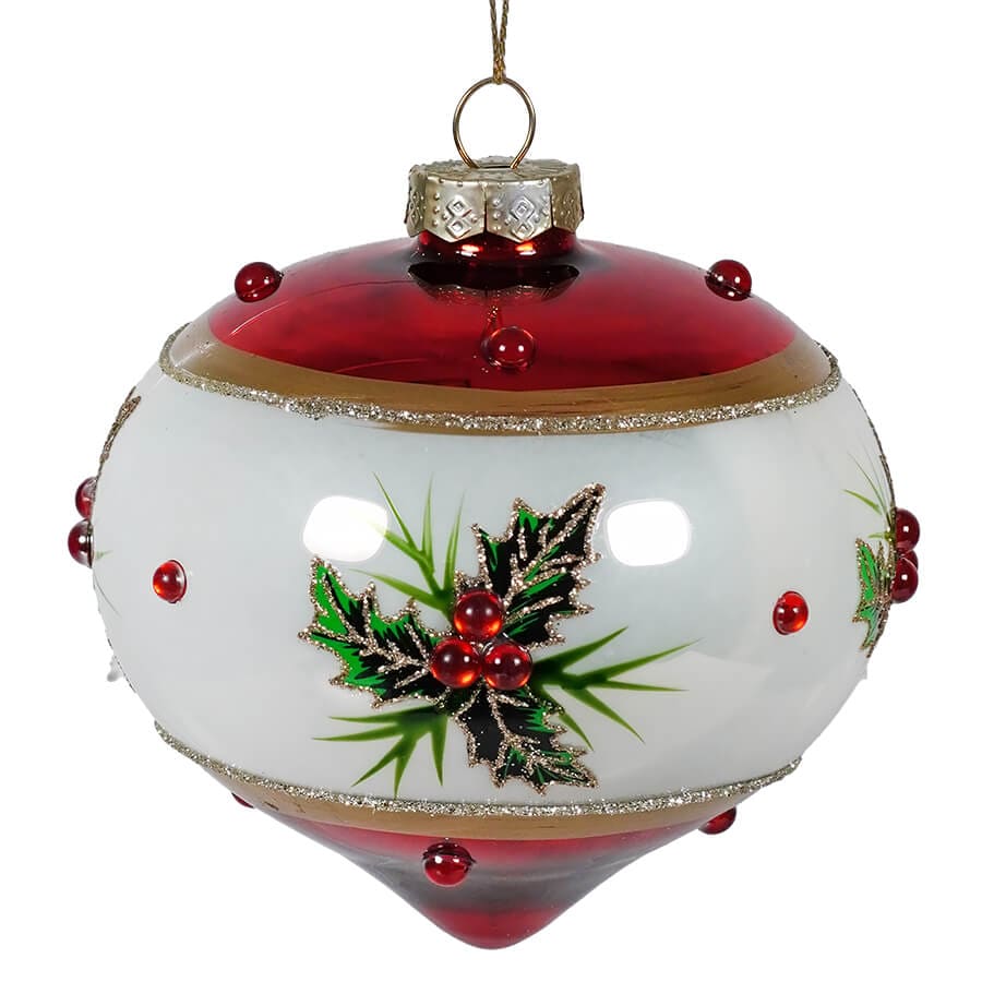 Red & White With Holly Onion Glass Ornament - Ornaments