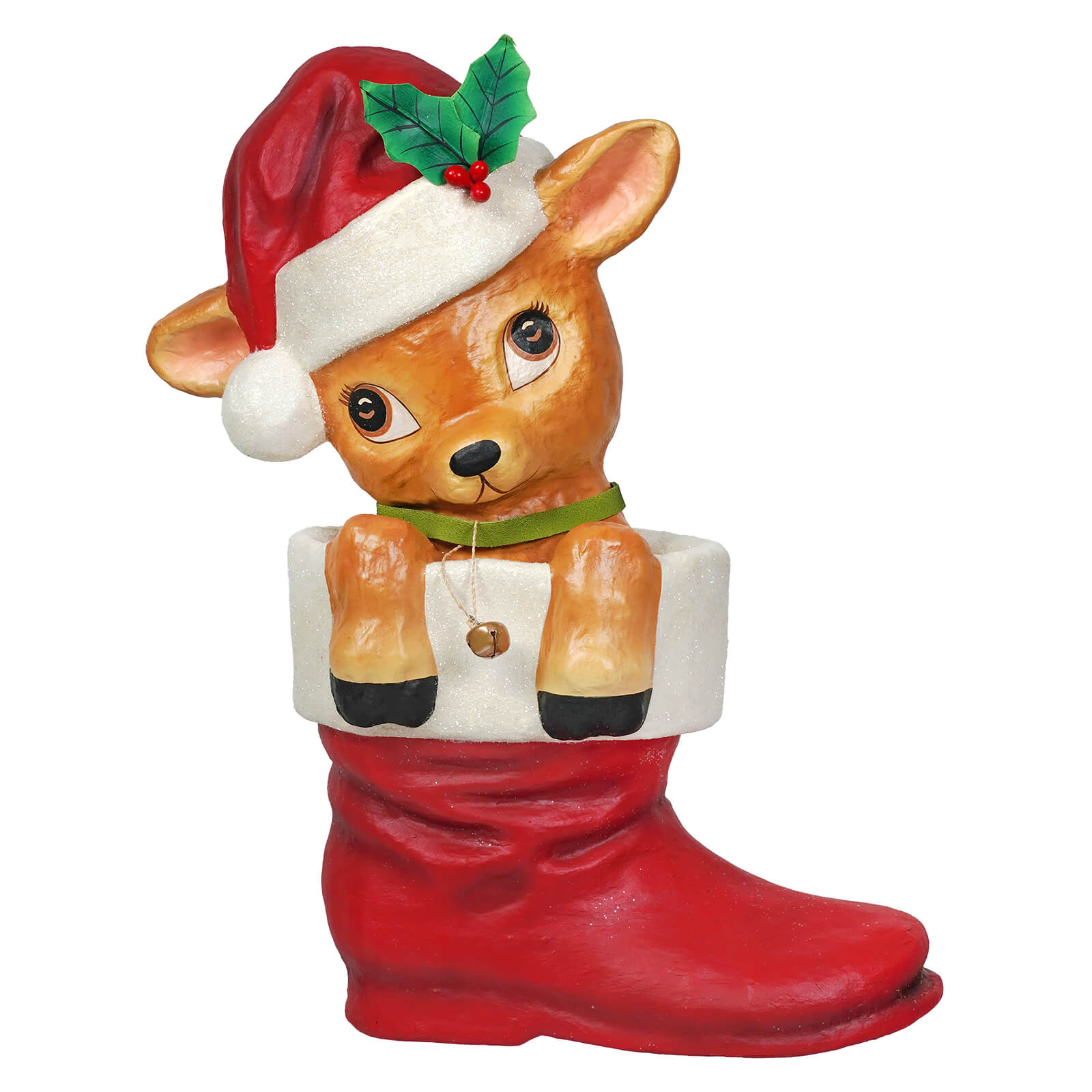 A charming brown ceramic reenie reindeer wearing a santa hat peeking from a glossy red christmas stocking by bethany lowe design