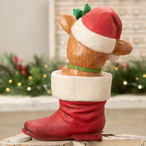 A brown bear figurine in a red christmas stocking wearing a santa hat from bethany lowe design reenie reindeer decor