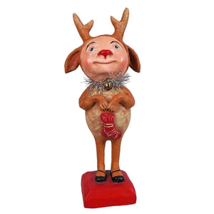 A whimsical brown reindeer boy figurine with a red nose blue eyes and silver tinsel collar by bethany lowe designs spreading holiday cheer