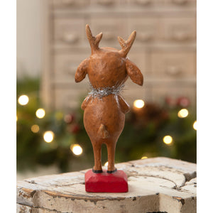 Brown ceramic reindeer boy figurine with silver tinsel and red base by bethany lowe designs spreading holiday cheer