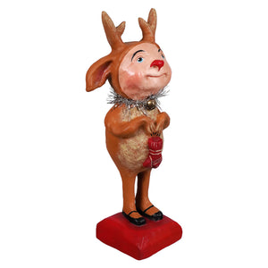 A charming bethany lowe designs reindeer boy figurine with red nose silver tinsel collar spreading holiday cheer