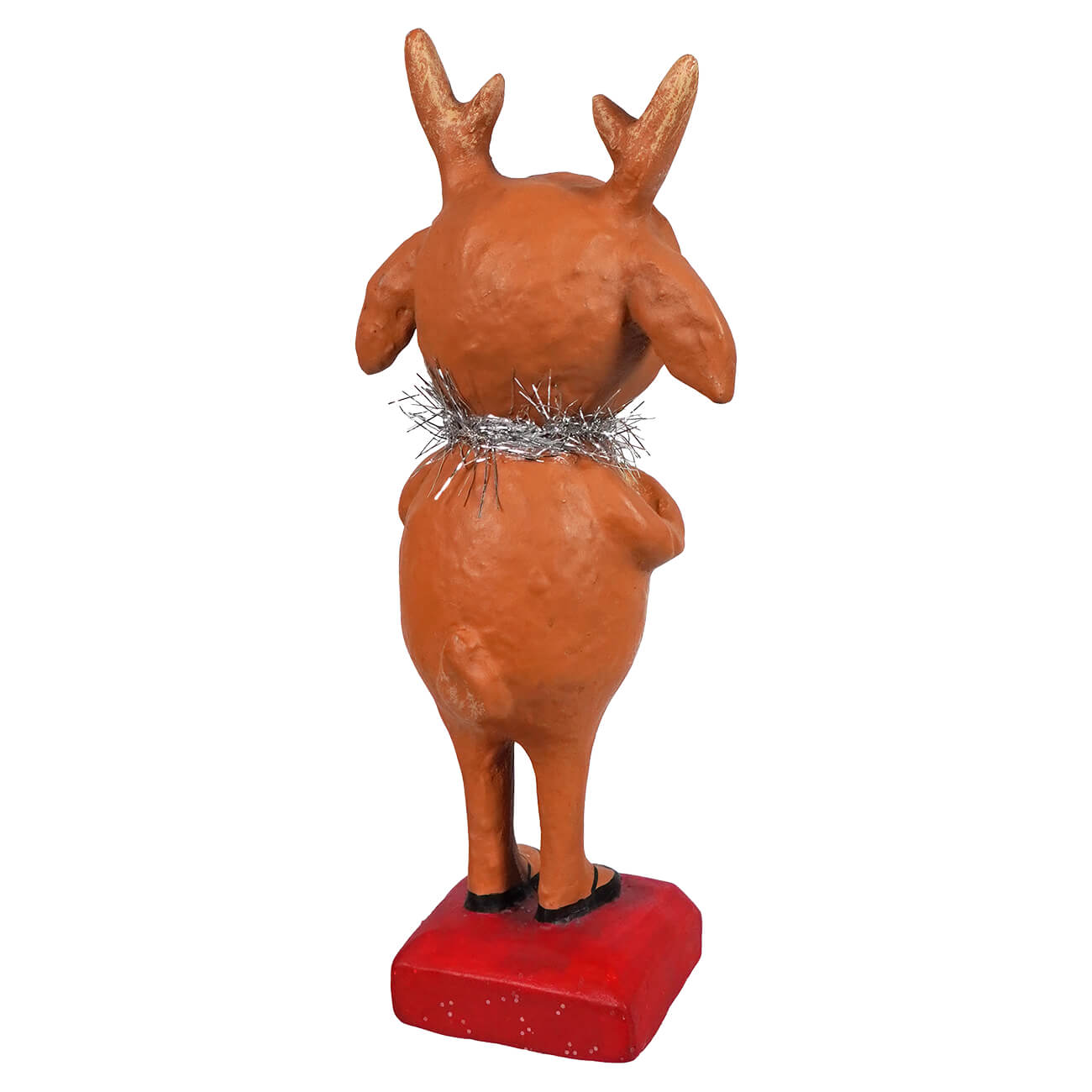 A brown ceramic reindeer boy figurine with gold antlers and silver tinsel collar by bethany lowe designs spreading holiday cheer