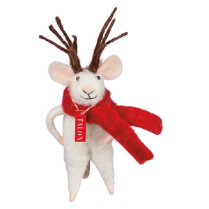 A white felt reindeer mouse critter talon ornament with brown antlers and a red scarf by kathy design