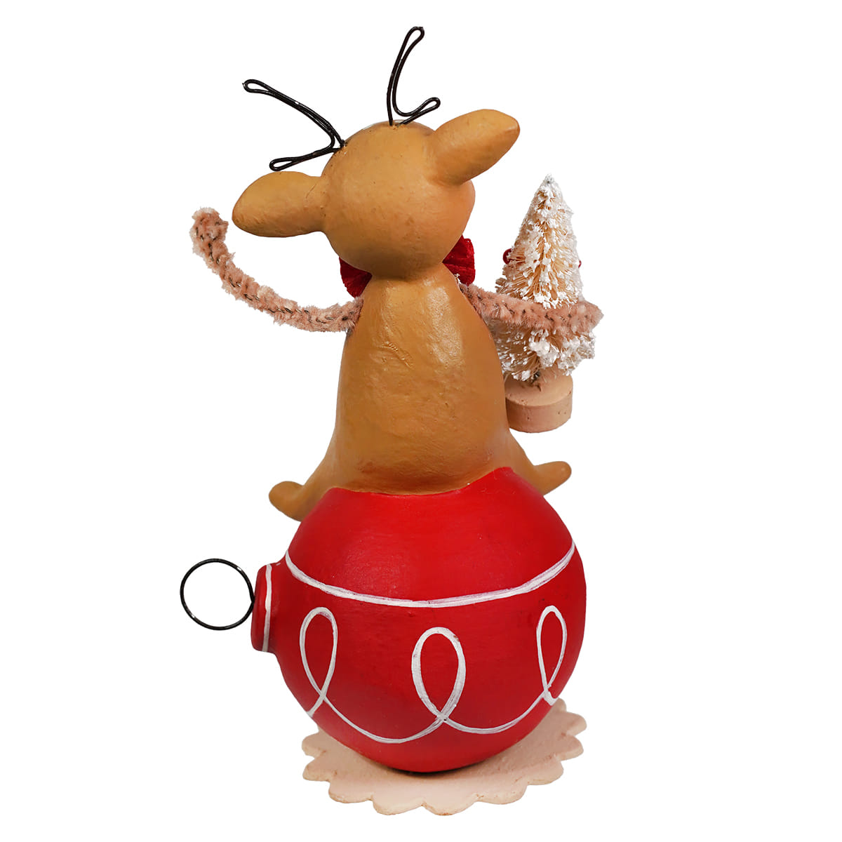A tan bethany lowe designs christmas reindeer figure with black wire antlers and red bow on a red swirl ornament