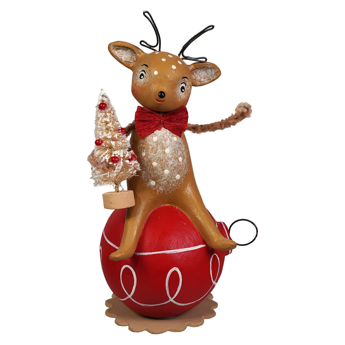 A charming brown reindeer ornament with white polka dots and red bow tie holding a mini christmas tree by bethany lowe designs