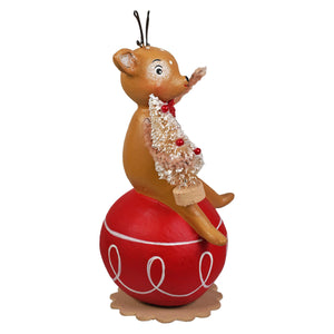 A charming bethany lowe designs brown resin christmas reindeer figure with black antlers and glittery white ornament on red base