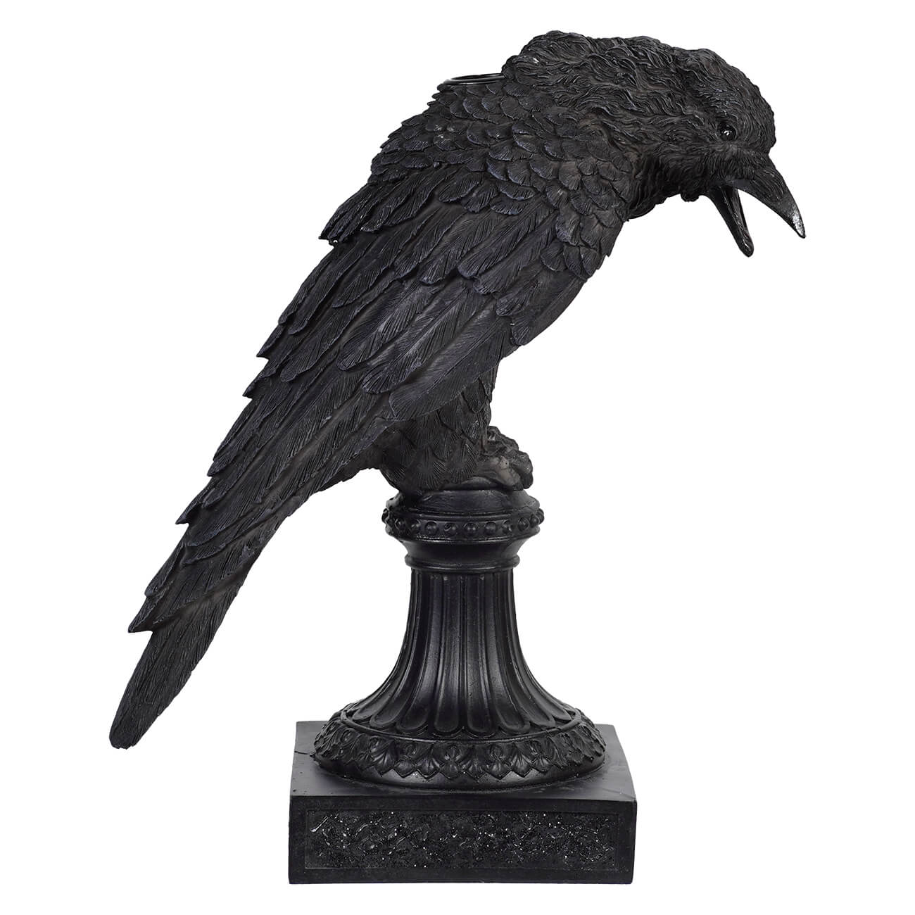 Resin black raven candle holder with detailed feather texture perched on an ornate pedestal base for halloween candles & candle holders