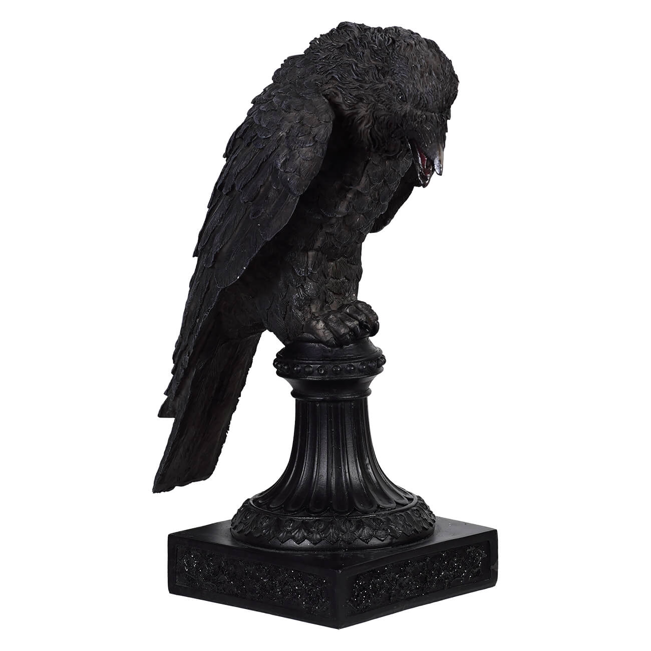 Resin black raven candle holder with detailed feather texture perched on carved pedestal from regency international halloween black raven halloween collection