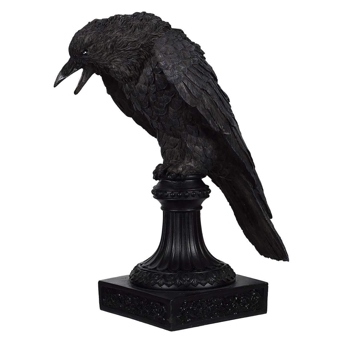 Resin black raven candle holder featuring detailed feather texture on a black crow statue from regency international halloween collection