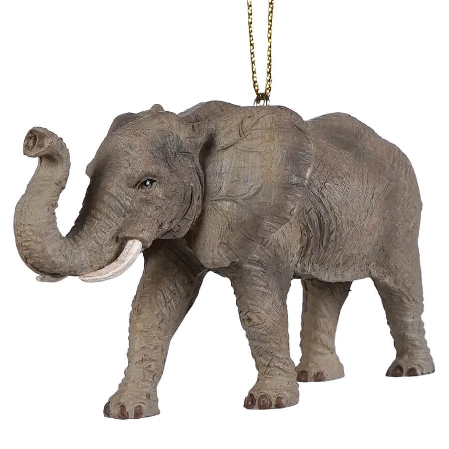 Gray resin elephant ornament with tusks perfect as a safari animal ornament for home decor or gifts