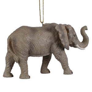 Gray resin elephant ornament with textured skin and white tusks hanging from gold chain safari animal ornament