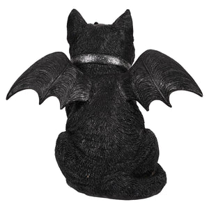 Resin gothic black cat bat figurine with textured fur and silver glitter collar perfect for spooky decor
