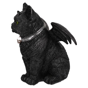 Resin gothic black cat bat figurine with green eyes and silver collar featuring skull charm perfect for halloween cats decor