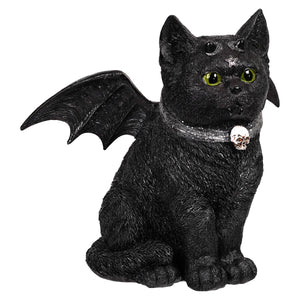 Resin gothic black cat bat figurine with green eyes and silver skull pendant perfect for halloween cats decor