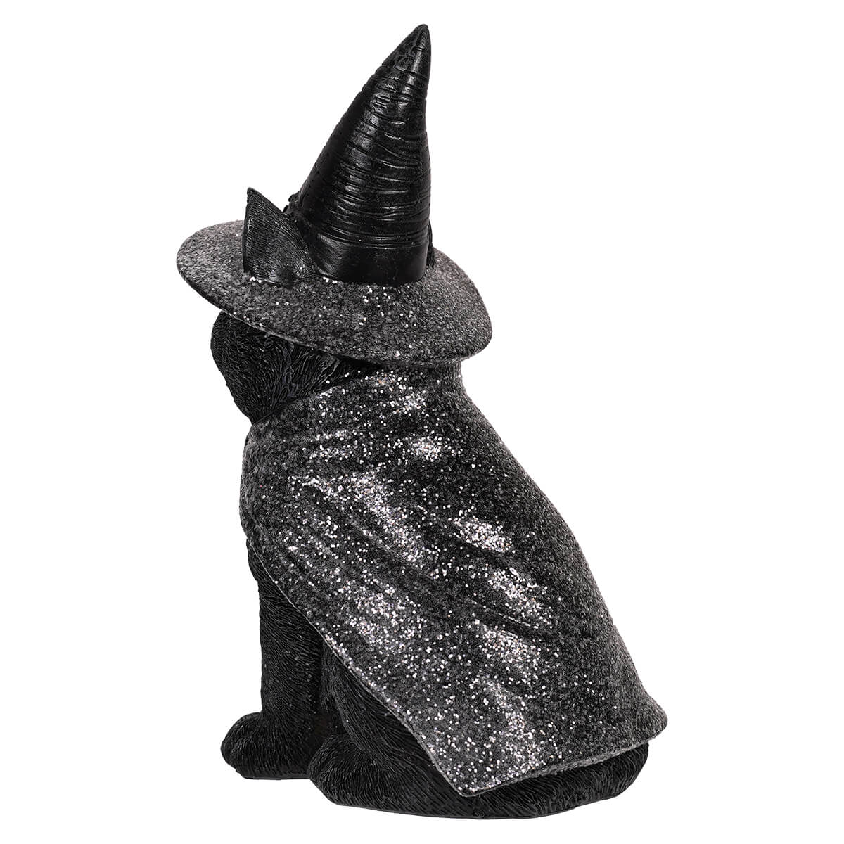 Resin gothic black cat witch figurine with glittery finish wearing a pointed hat and cape perfect for halloween decor