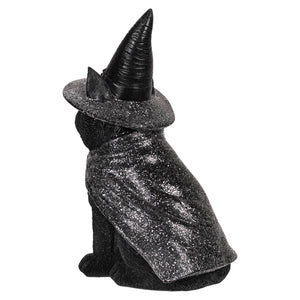 Resin gothic black cat witch figurine with glittery finish wearing a pointed hat and cape perfect for halloween decor