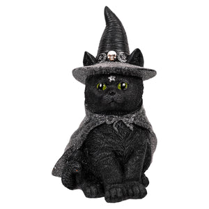 Resin gothic black cat witch figurine with glittery cape and tall pointed hat featuring skull and crescent moon