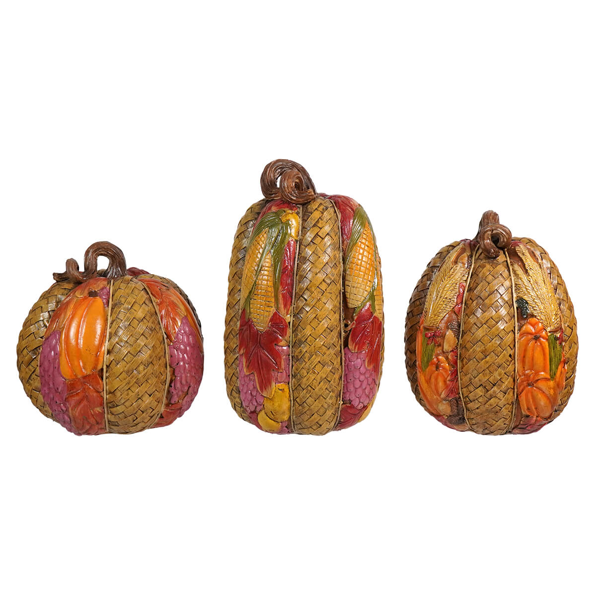 Set of three decorative woven pumpkins with autumn-colored accents.