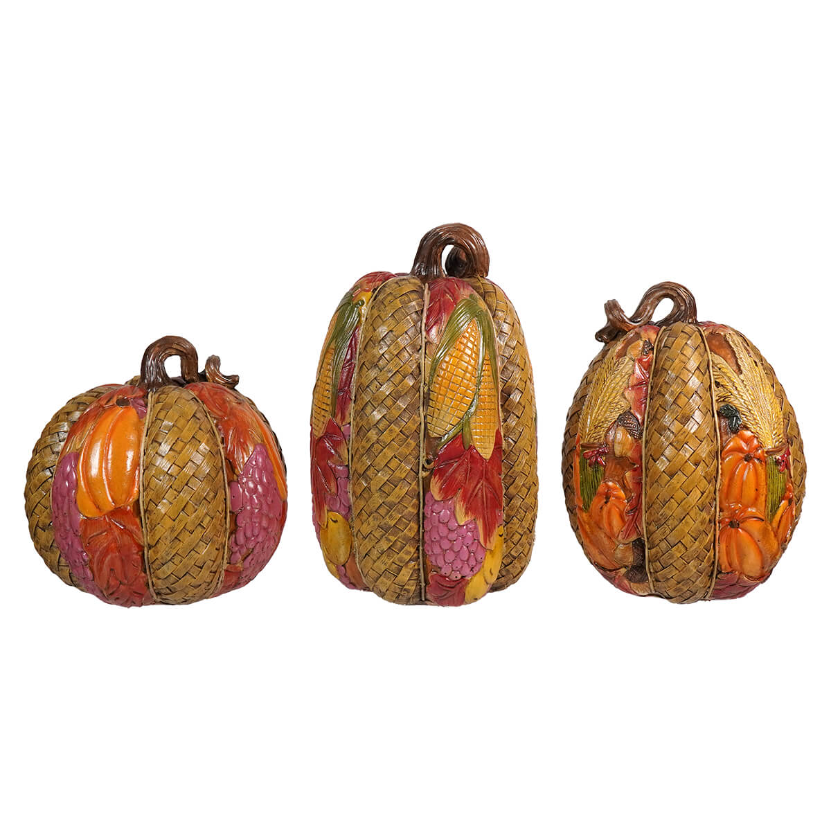 Set of three decorative autumn-themed pumpkins with woven textures and leaf designs.