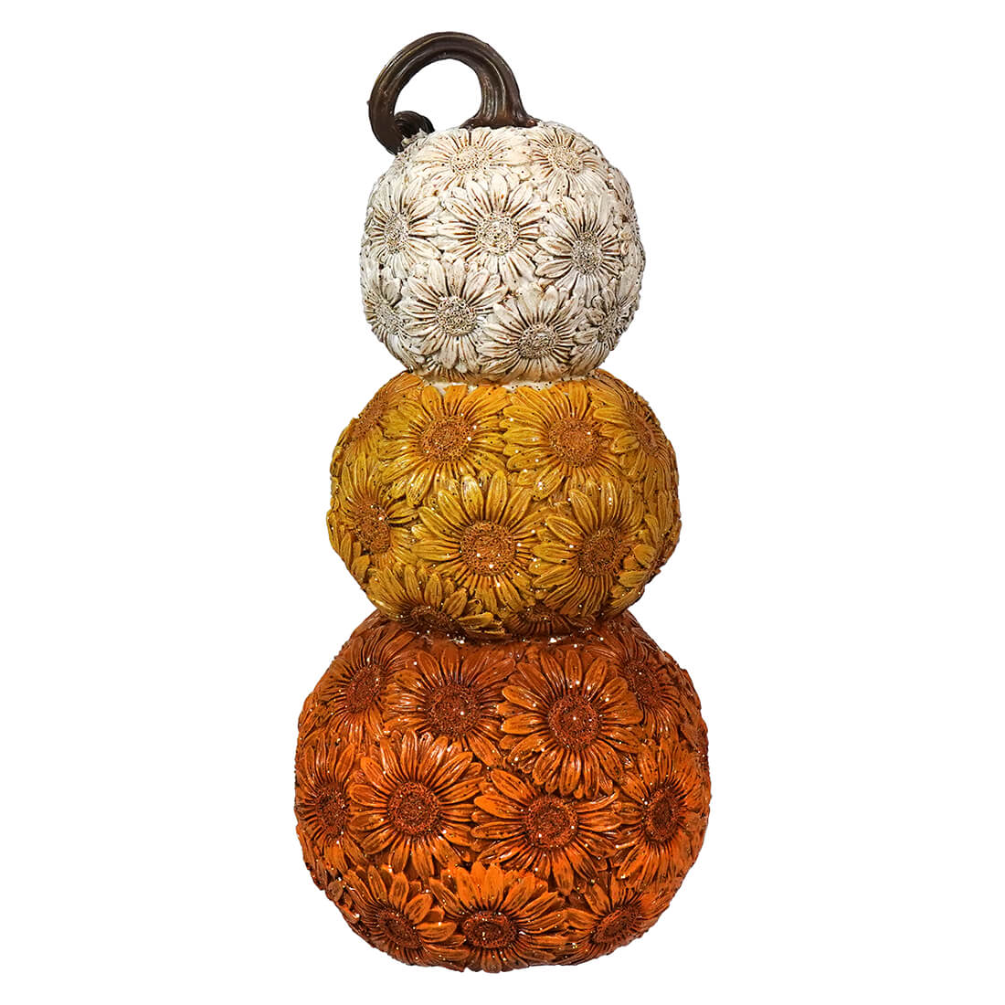 Stack of three decorative spheres with floral patterns in white, yellow, and orange colors, topped with a brown handle.