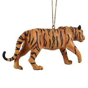 Resin orange tiger ornament with black stripes and gold chain hanging from head zoo animal ornament