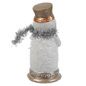 Silver glittery resin tinsel and scarf wish snowman figurine with gold hat and ornate base for creative coop christmas decor