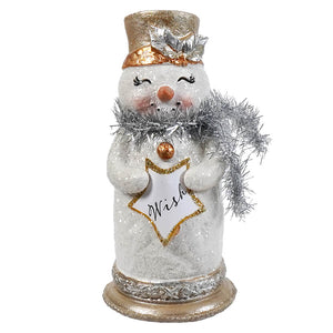 Resin tinsel and scarf wish snowman figurine with glittery white resin, gold hat, silver leaves, and silver tinsel for creative co-op christmas decor