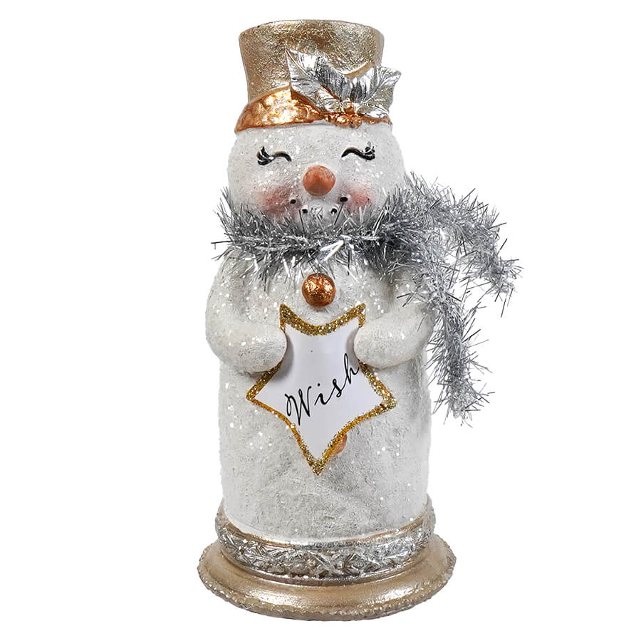Resin tinsel and scarf wish snowman figurine with glittery white resin, gold hat, silver leaves, and silver tinsel for creative co-op christmas decor