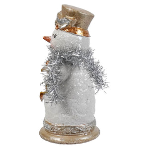 A glittery white resin snowman figurine with gold top hat and silver tinsel scarf for creative coop christmas decor