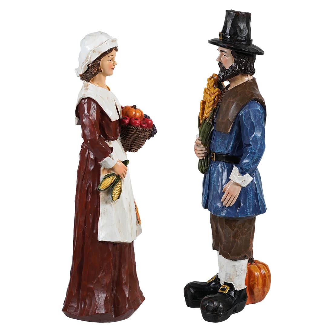 Resin Wood Carved Pilgrim Figurines Set/2 - Thanksgiving