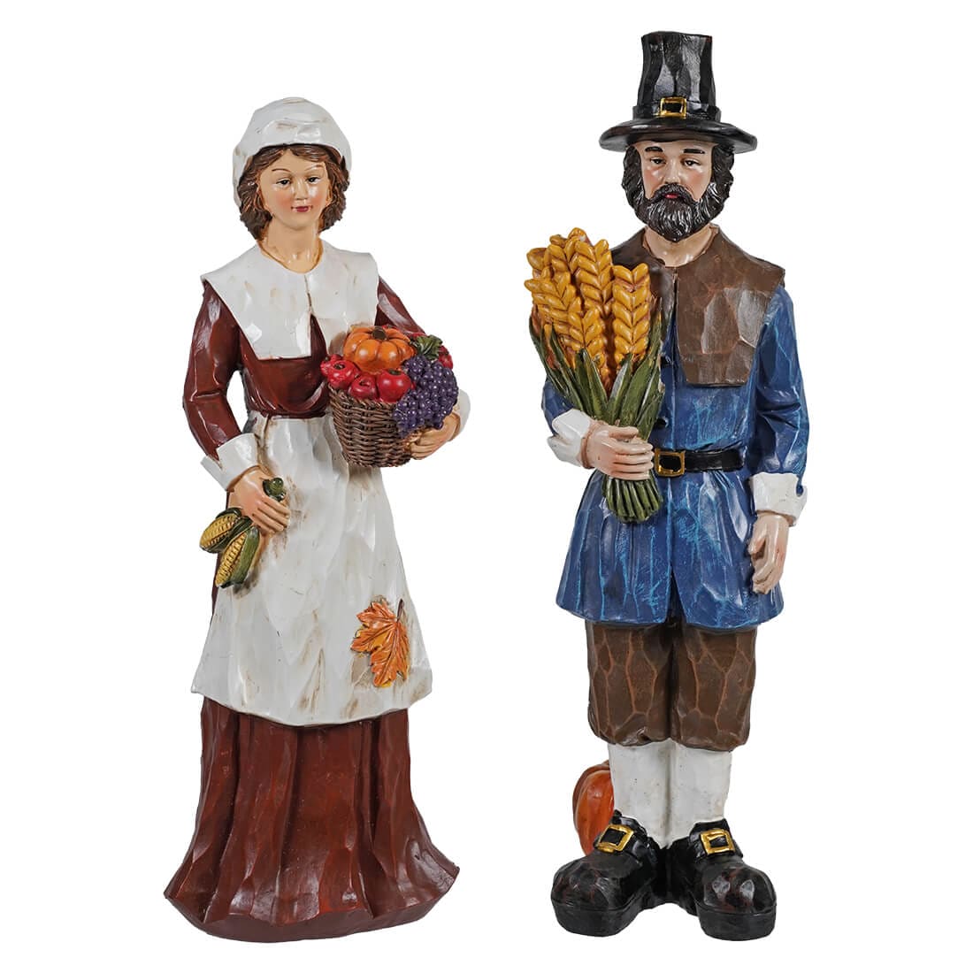 Resin Wood Carved Pilgrim Figurines Set/2 - Thanksgiving