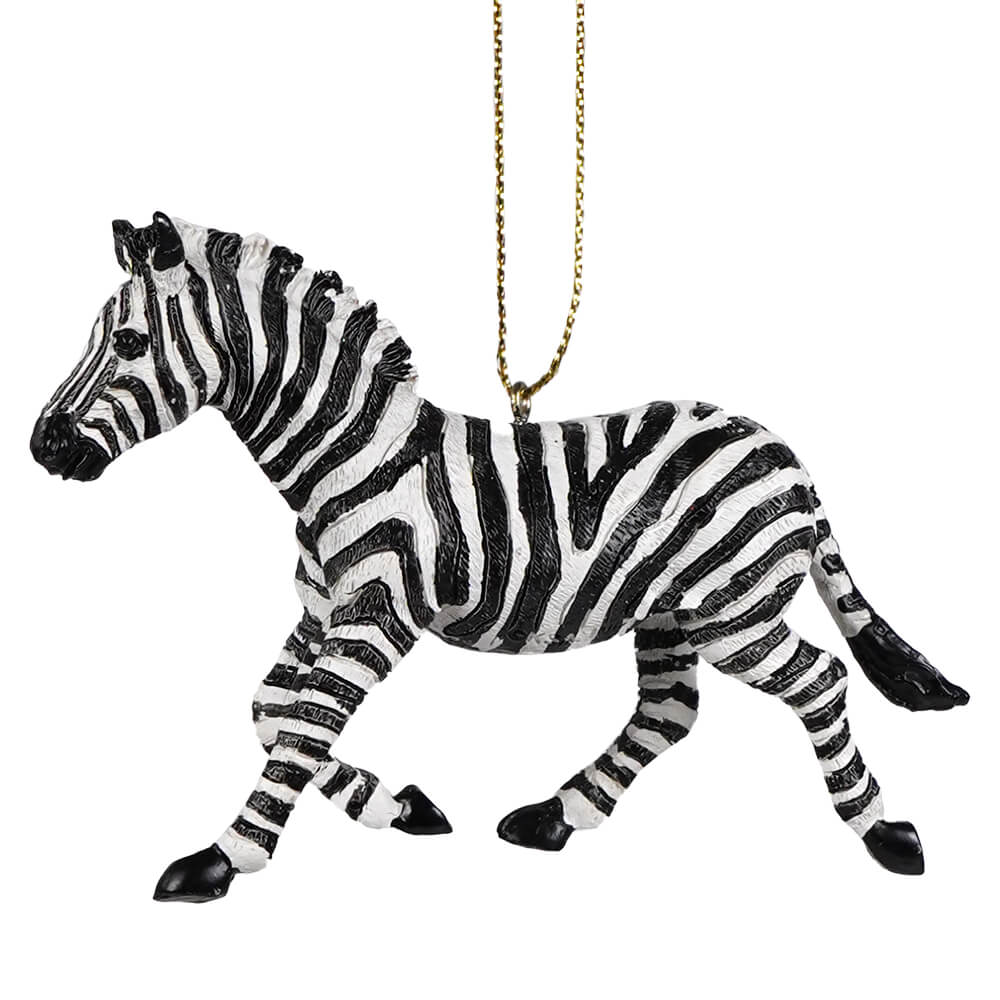 Resin zebra safari animal ornament with black and white zebra stripes hanging as a zebra ornament or zoo ornament