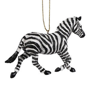Black and white striped resin zebra ornament with gold chain perfect as a zoo or animal ornament