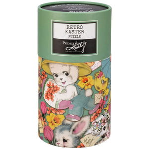 Retro 1000 piece easter puzzle in a green cylindrical container with cartoon bunnies and flowers holiday jigsaw puzzles