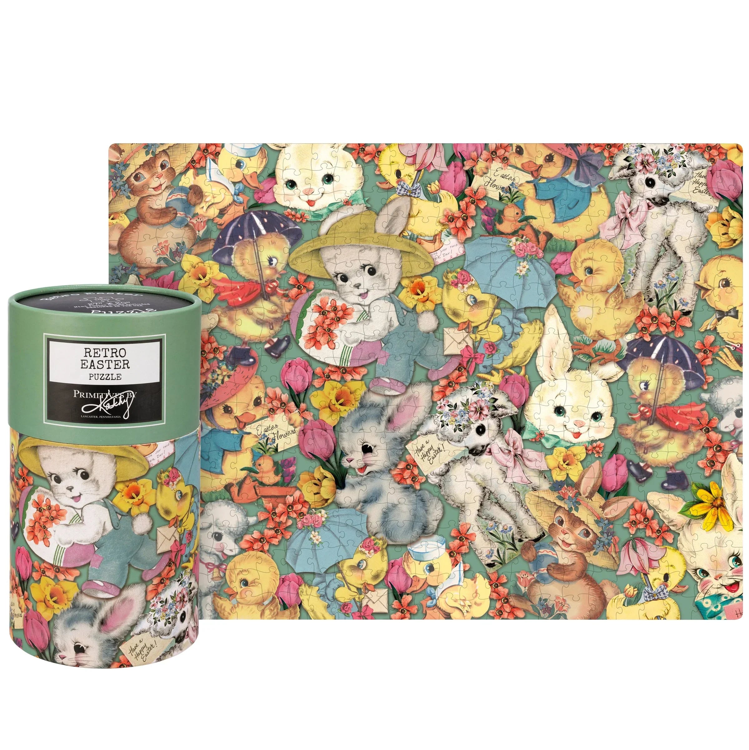 Retro 1000 piece easter puzzle with vintage bunnies chicks and flowers in pastel colors on a mint green background