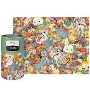 Retro 1000 piece easter puzzle with vintage bunnies chicks and flowers in pastel colors on a mint green background
